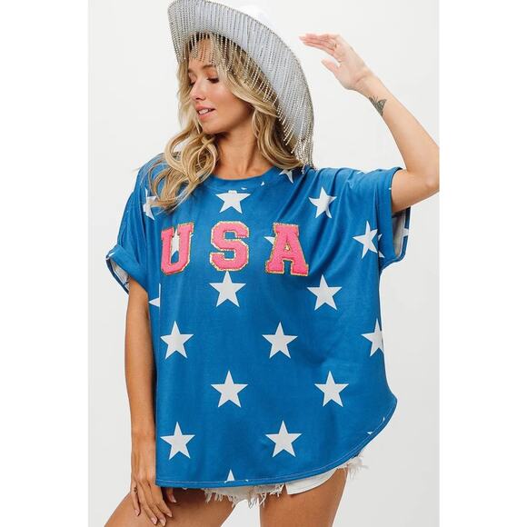 BiBi Fourth Of July Star Print with USA Patch Short Sleeves Knit T-Shirt | Blue - Picture 3 of 6